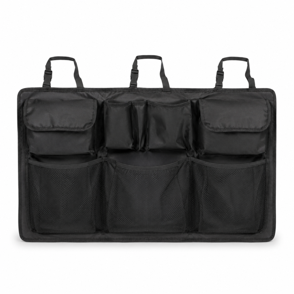 Organizador negro para maletero con bolsillos y compartimentos