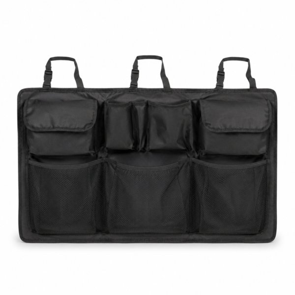 Organizador negro para maletero con bolsillos y compartimentos