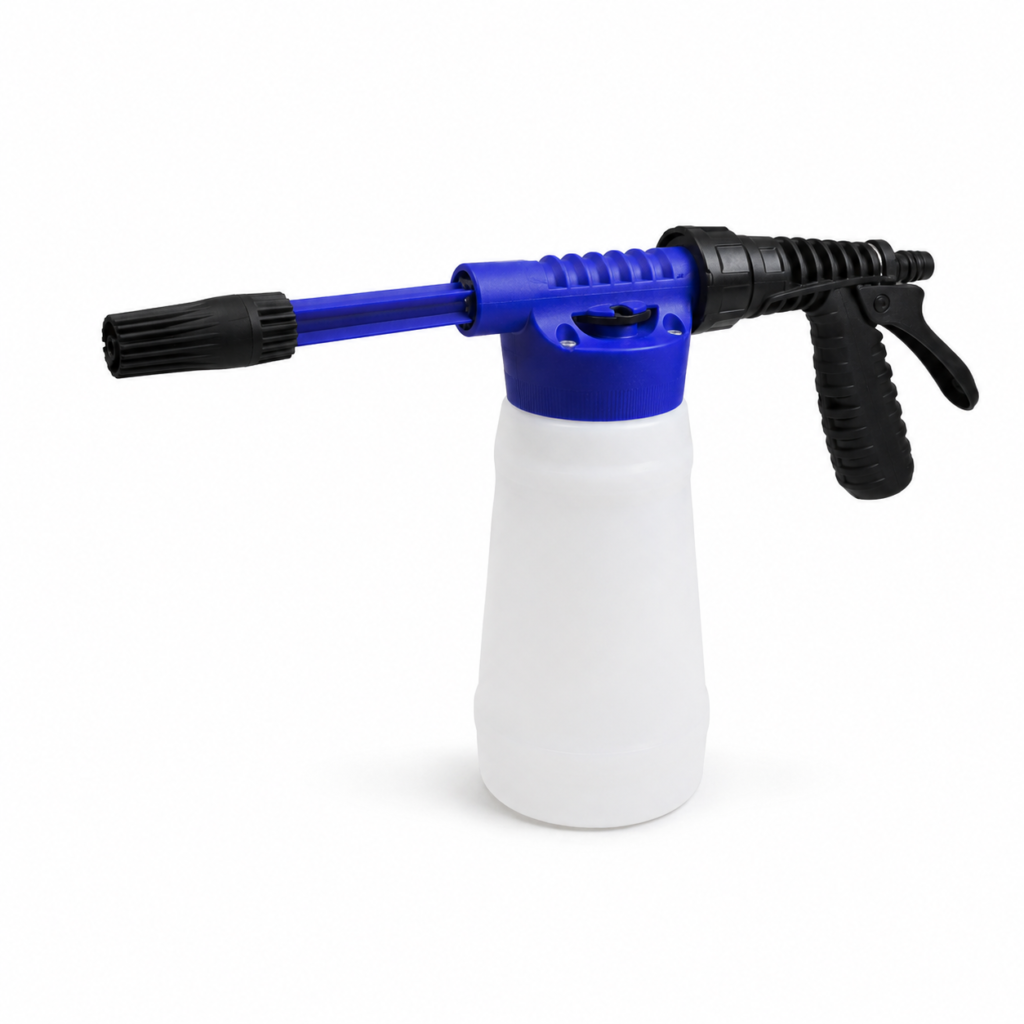 Pistola azul y negra de lavado con depósito para espuma
